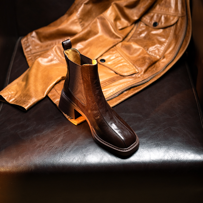 【牛皮仙】跟高5cm/鞋码34-42/秋冬季新款真皮短靴女粗跟切尔西靴