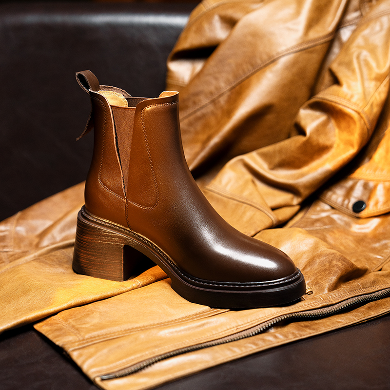 【牛皮仙】跟高6cm/鞋码344-42/秋冬季新款真皮短靴女高跟切尔西靴
