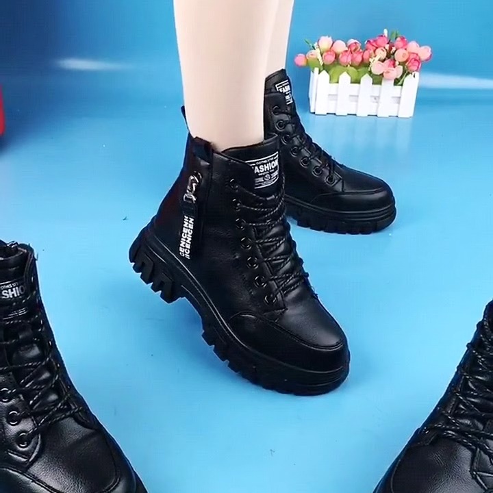 真皮百搭马丁靴女新款时尚秋冬平底侧拉链单靴厚底显瘦加绒短靴女
