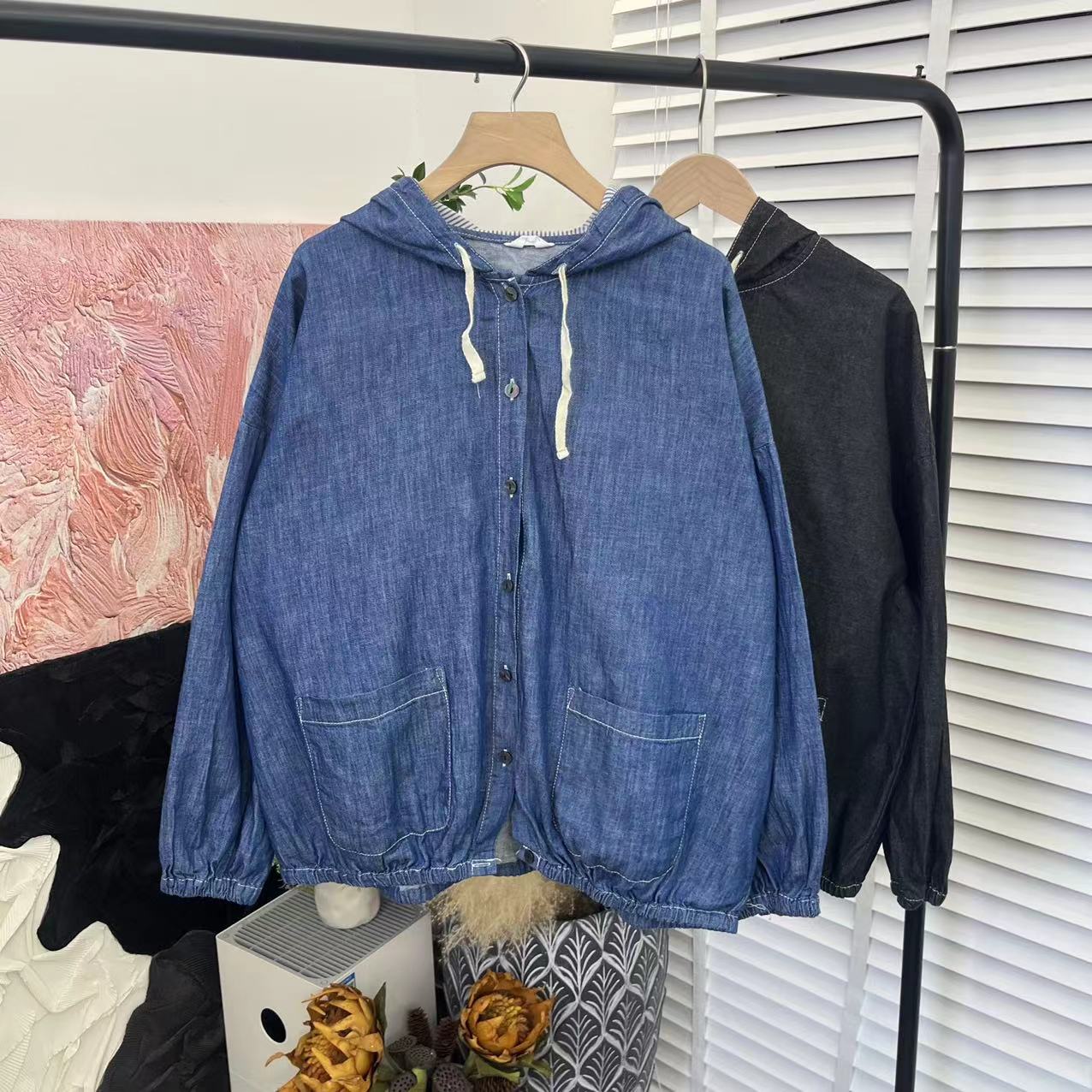 日系简单宽松长袖「连帽文艺水洗牛仔」长袖外套E2710