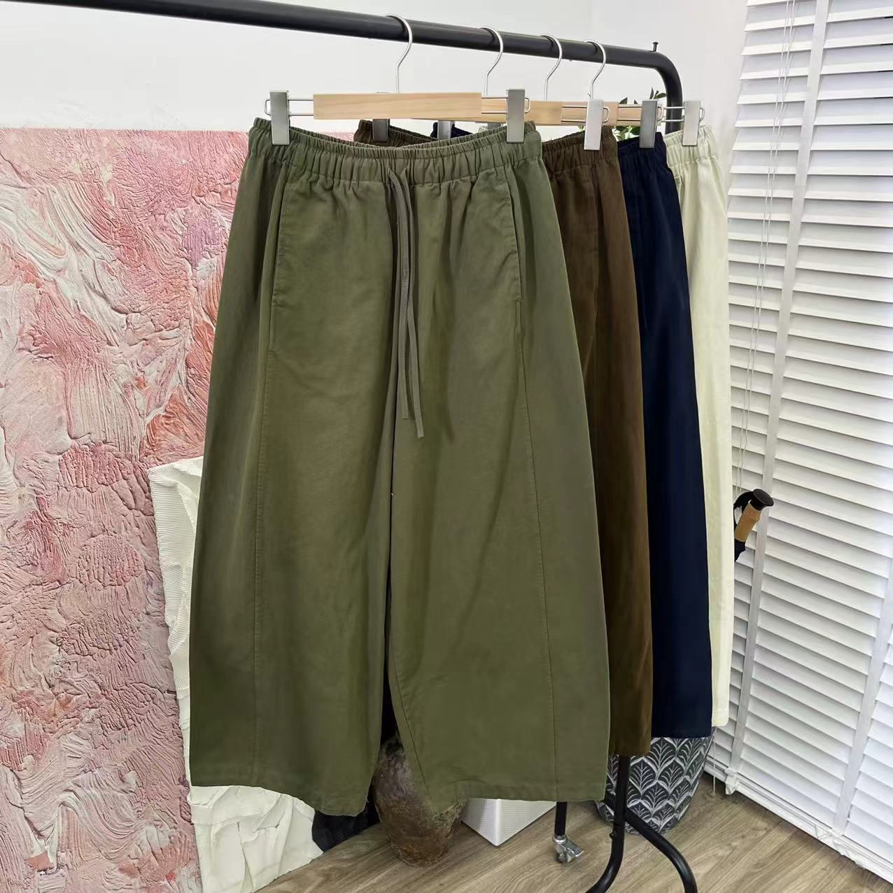 日系纯秋上身巨好看「本布薄绒松紧腰」阔腿休闲长裤E2972