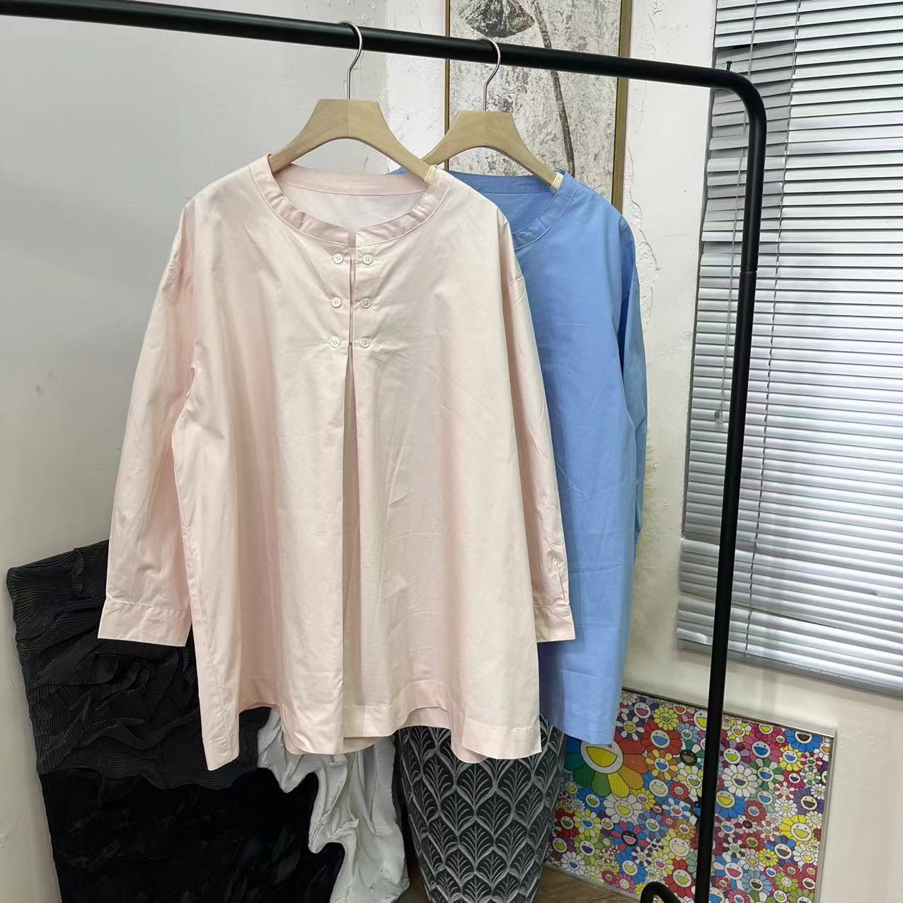 生活中惬意穿搭「宽松中长款圆领」长袖衬衫女E129