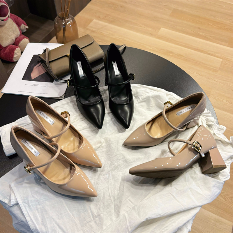 【莱元元】2024新款一字带玛丽珍浅口女气质高跟鞋小个子单鞋女
