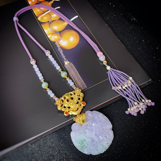 四姐妹 三妹原创国风民族风紫翡翡翠圆牌搭配扣头项链