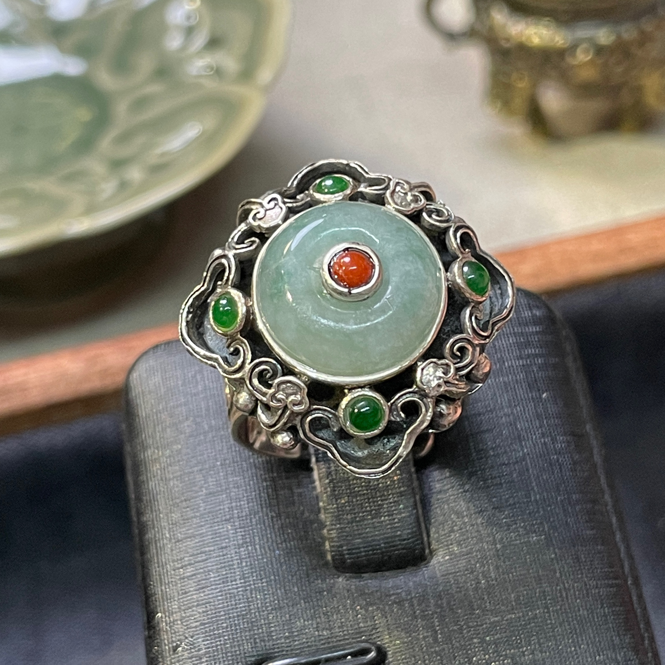 四姐妹 国风民族风个性简约款平安扣冰糯种翡翠纯银925银活口戒指