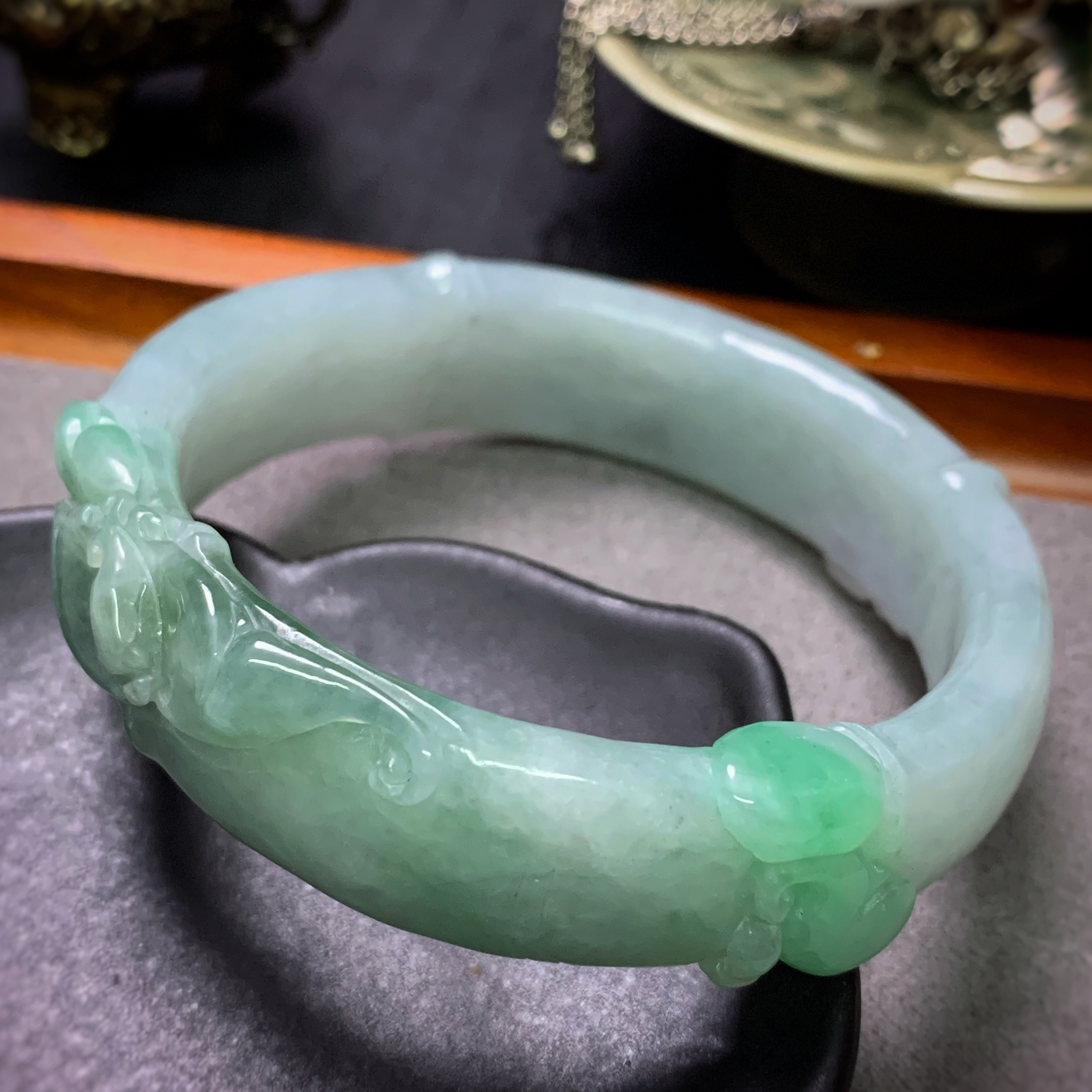 四姐妹 国风气质个性翡翠雕刻竹子特色节节高手镯玉镯内径56.5