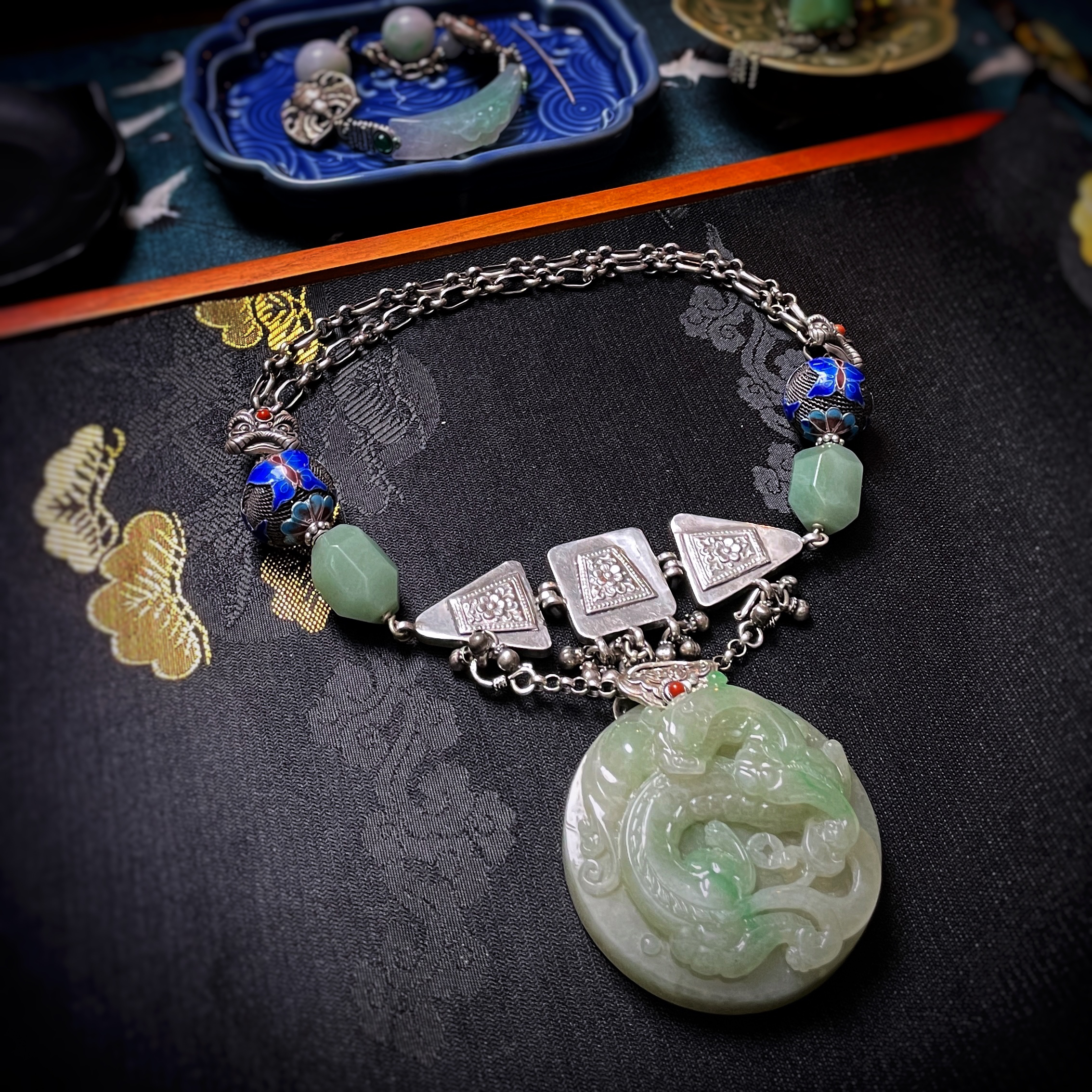 四姐妹 三妹原创设计款国风民族风翡翠圆牌纯银925银手链项链两用