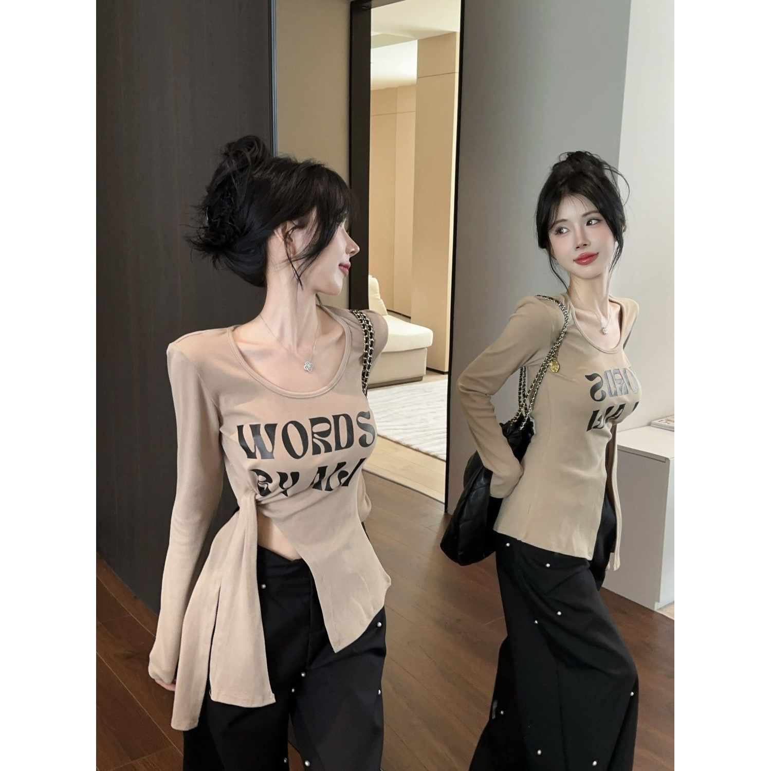 大码纯欲风后背镂空绑带长袖T恤女2025秋季新款修身显瘦遮肉上衣