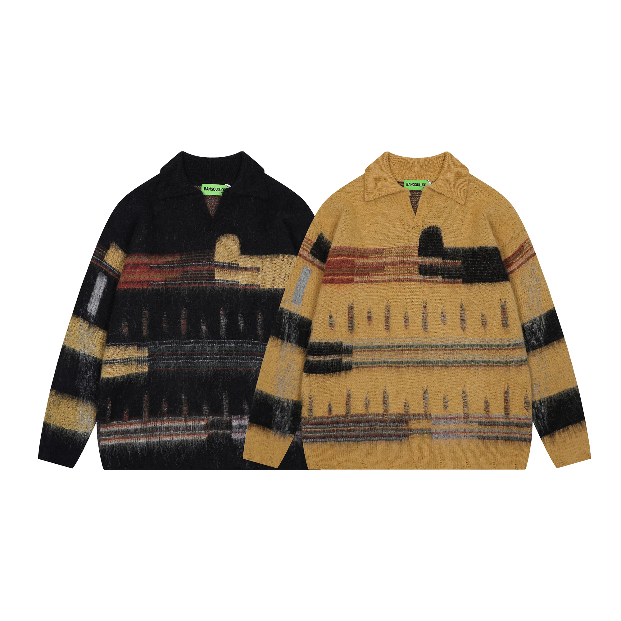 Tikou梯口复古渐变拼色慵懒风毛衣男女oversize撞色针织衫外套