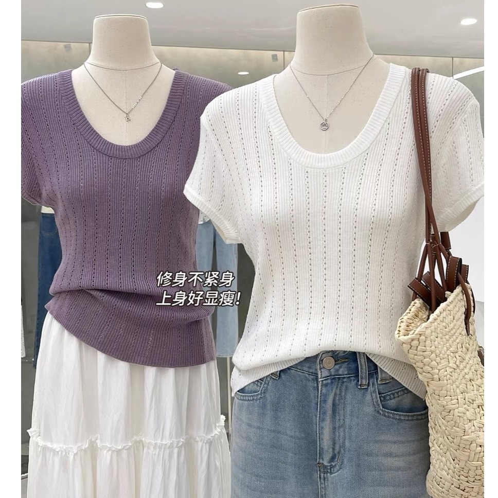 新款水滴领小香风针织短袖女2025夏季百搭修身显瘦镂空气质上衣潮