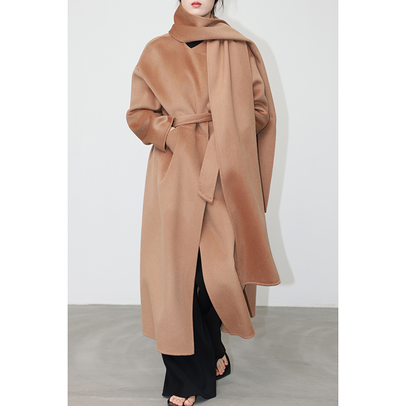 JUZININE原创设计双面呢大衣羊毛羊绒无领无扣系腰大围脖毛呢外套