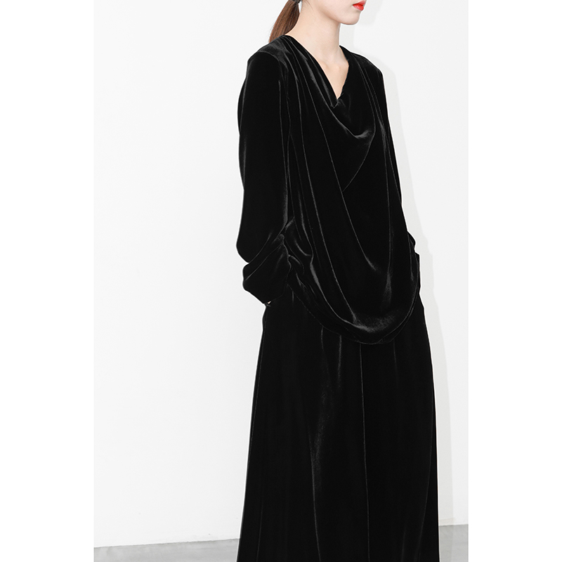 JUZININE原创设计真丝绒衬衫桑蚕丝天鹅绒荡领长袖宽松套头上衣