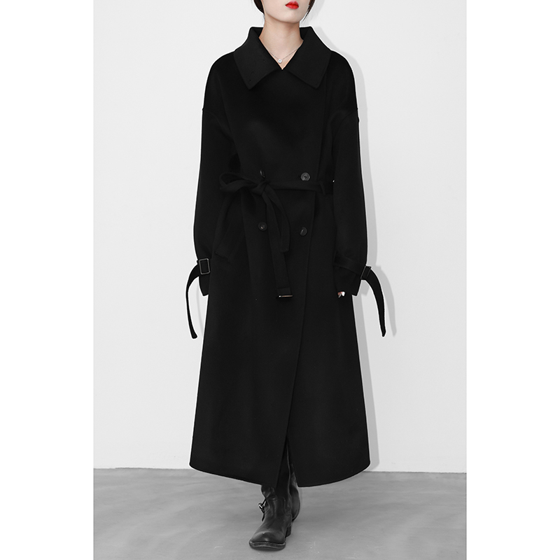 JUZININE原创设计长款双面呢大衣双排扣翻领羊毛羊绒风衣外套