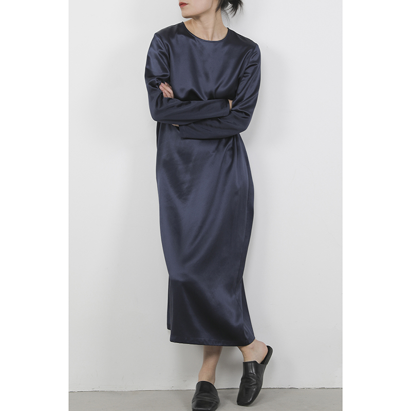 JUZININE原创设计 真丝长袖连衣裙 桑蚕丝圆领长裙 