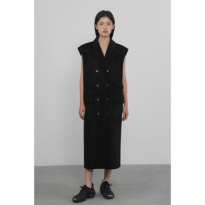 JUZININE原创设计军装风宽肩双面呢宽肩含垫肩双排扣系腰带长马甲