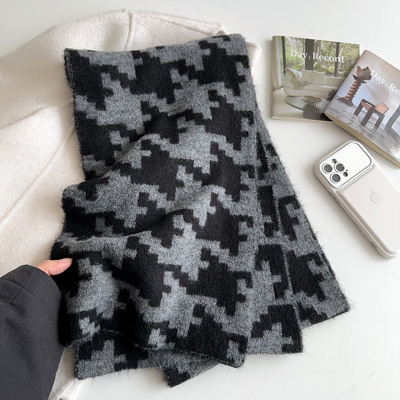 千鸟格针织毛线围巾气质百搭时尚加厚保暖围脖女韩版冬季新款2023