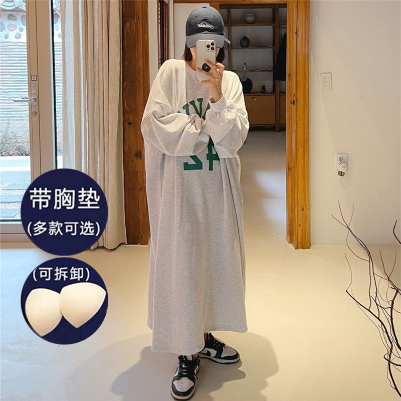 胖MM2-300斤春季长款带胸垫睡裙女韩版慵懒风休闲宽松大码家居服