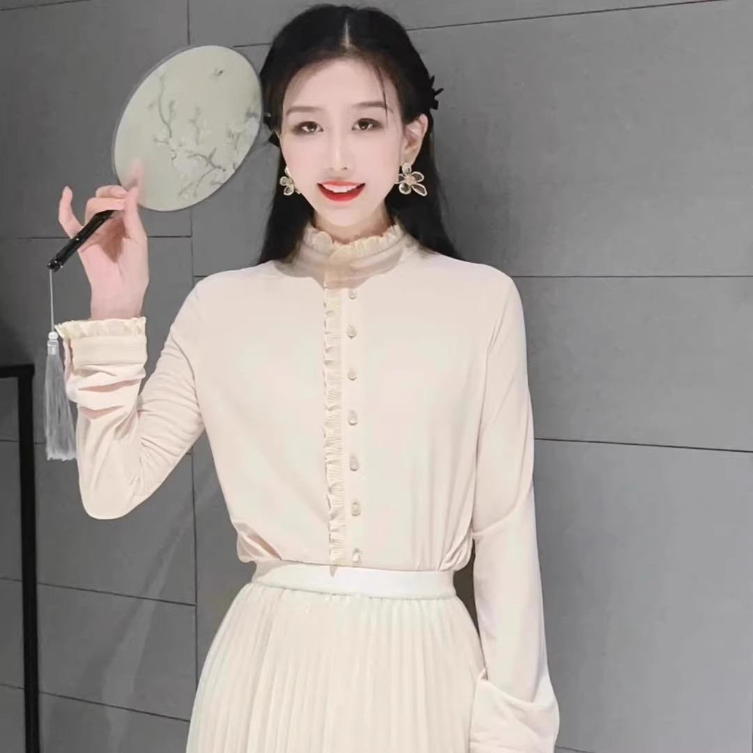 【专柜品质】春秋款木耳边立领长袖衬衫女弹力打底 摩登猫1300936