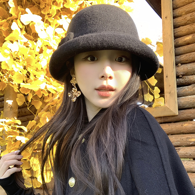 民国赫本风蝴蝶结软羊毛礼帽女2025新款冬季优雅气质渔夫帽水桶帽