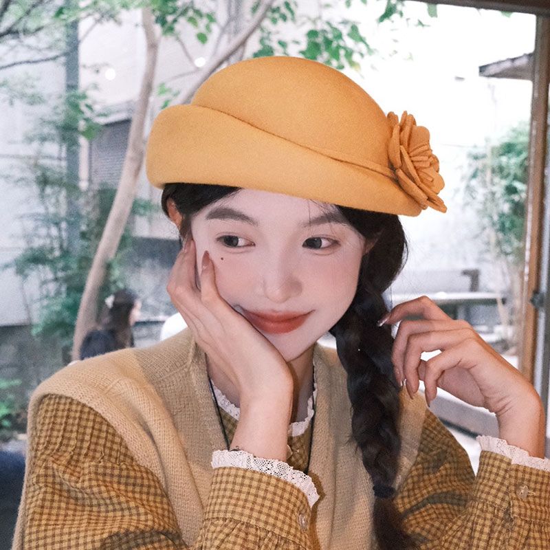 新款法式优雅立体花朵羊毛呢贝雷帽女秋冬日系百搭名媛卷边小礼帽