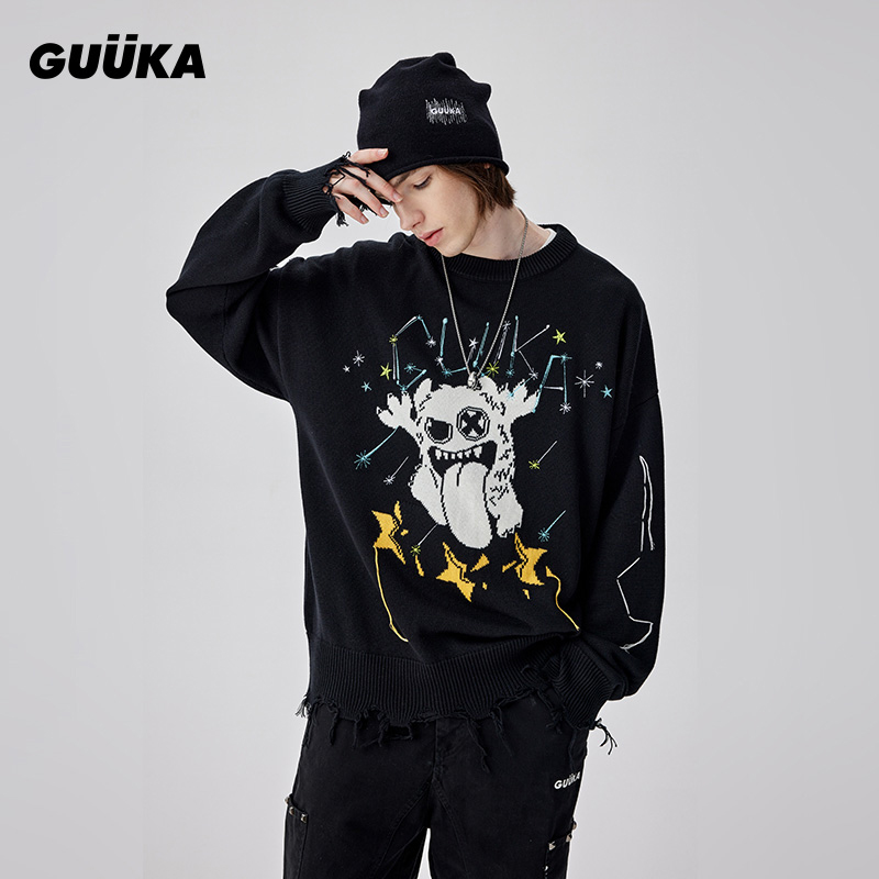 GUUKA黑色小怪兽提花圆领毛衣男冬季潮情侣慵懒风针织衫宽松M5459