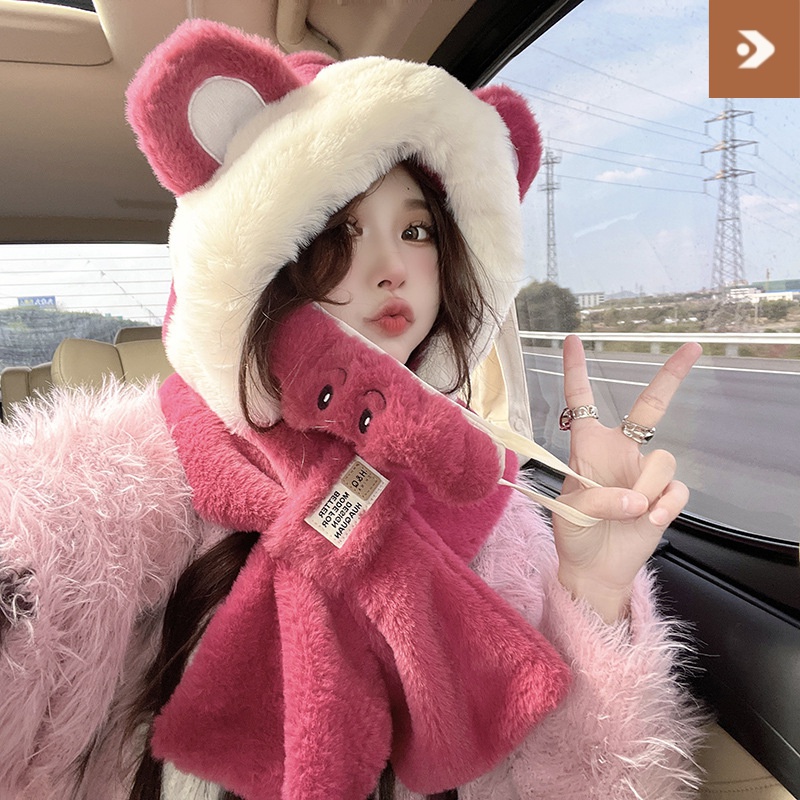 韩版潮毛绒小熊帽子围巾口罩一体女秋冬季保暖两件套连帽围脖骑车