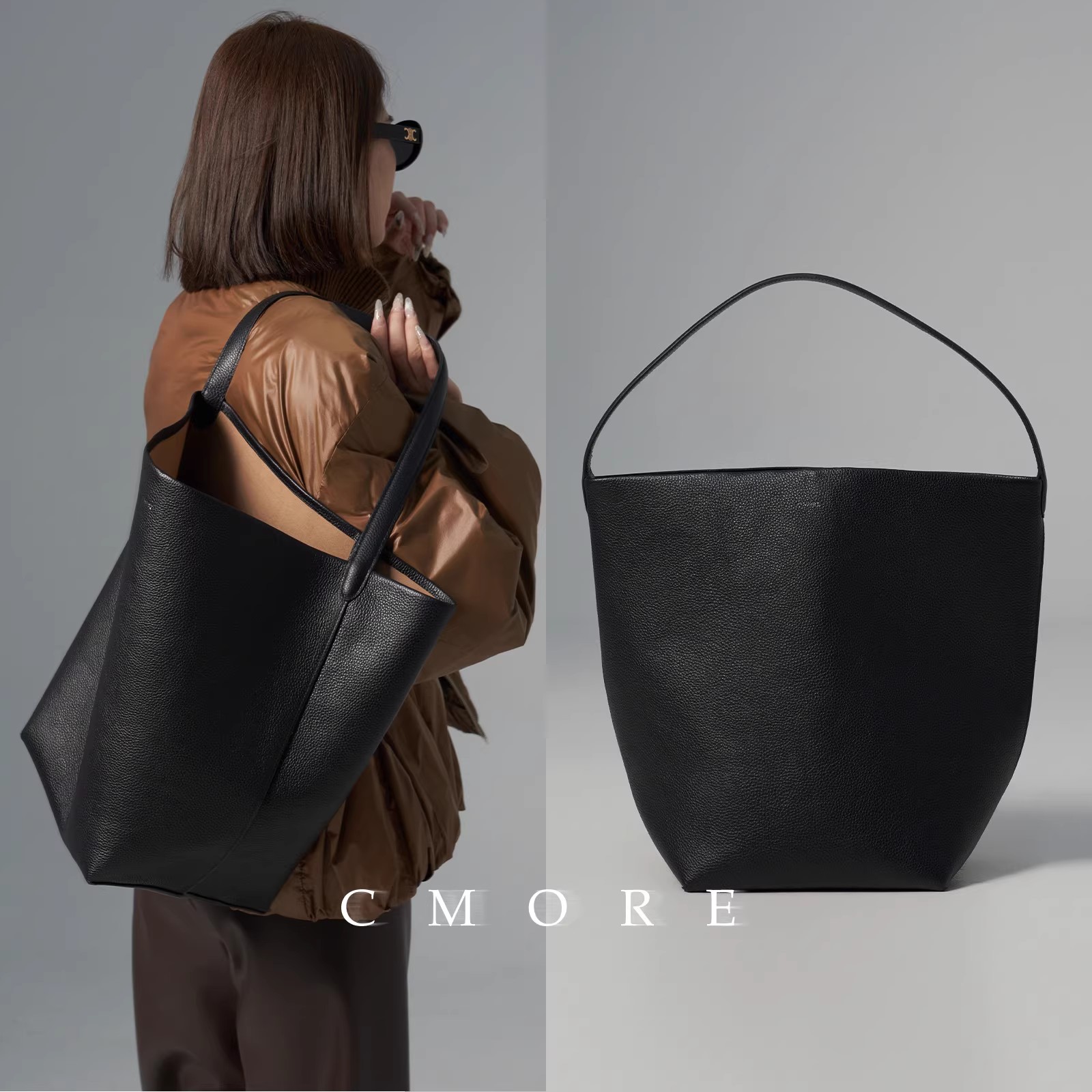 CMORE新款黑色 荔枝纹头层小牛皮 大容量简约通勤真皮单肩包包女