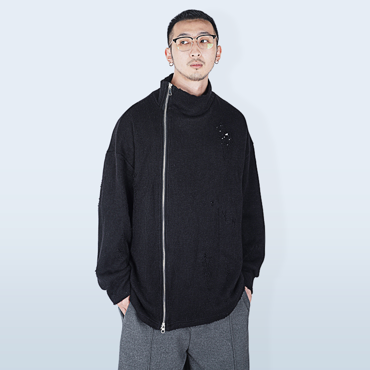 STREAMLET.CHEN:粗坑加厚重磅「虫咬腐蚀」半高领宽松拉链破洞毛衣