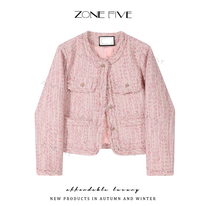 【zonefive】现做粉色小香风外套设计师款含金线轻奢时尚编织外套