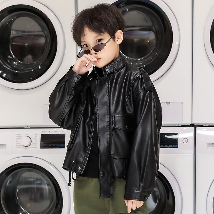男童皮衣外套儿童机车服秋冬上衣男孩皮夹克加绒加厚2023新款韩版