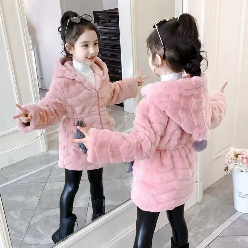 【小睿睿】2023冬季女童毛毛外套仿兔毛加厚加绒保暖连帽中大童宝宝