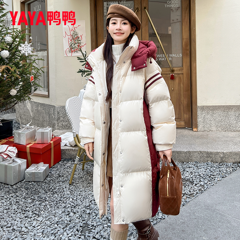 YAYA/鸭鸭羽绒服女士中长款冬季时尚撞色拼接加厚鸭绒外套