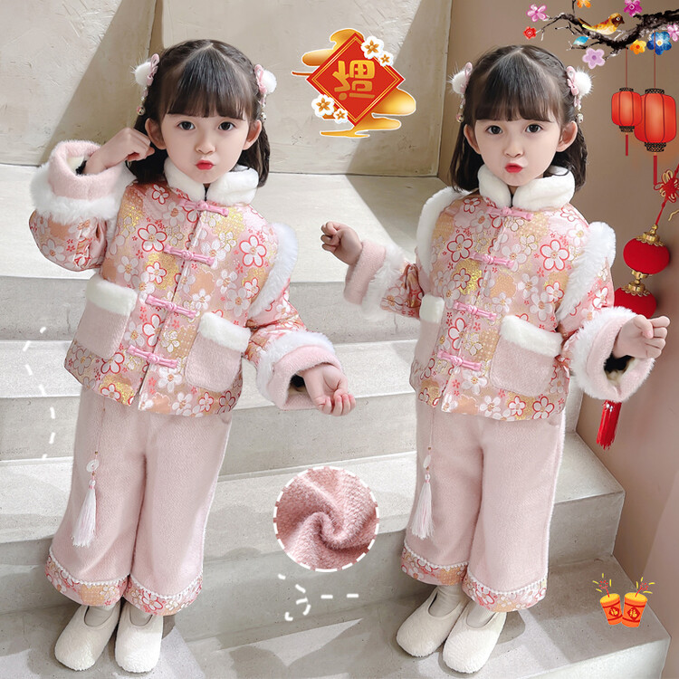 女童拜年服中国风加绒加厚儿童汉服过年衣服宝宝唐装旗袍棉裤套装