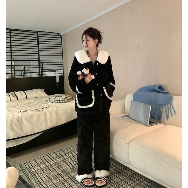 小香风2023新款珊瑚绒睡衣女秋冬季加绒家居服加厚法兰绒套装外穿