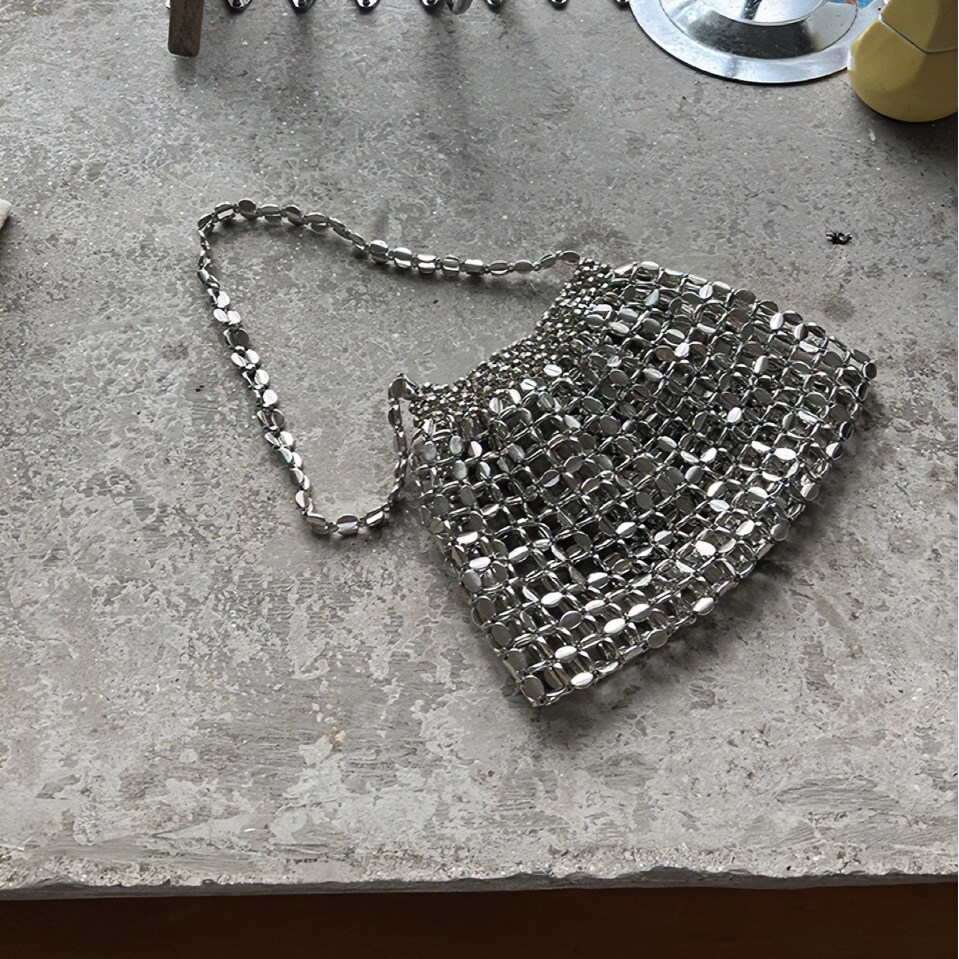 韩国Room时尚ins银色复古闪闪串珠百搭单肩包