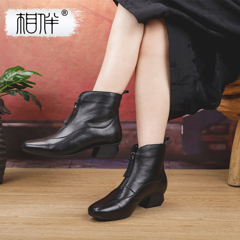 相伴秋冬加绒时尚百搭复古粗跟真皮中跟中年妈妈英伦风短靴53008