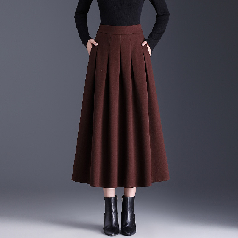 高腰百褶a字裙女2024年新款红色百褶长裙显瘦韩版冬季毛呢半身裙