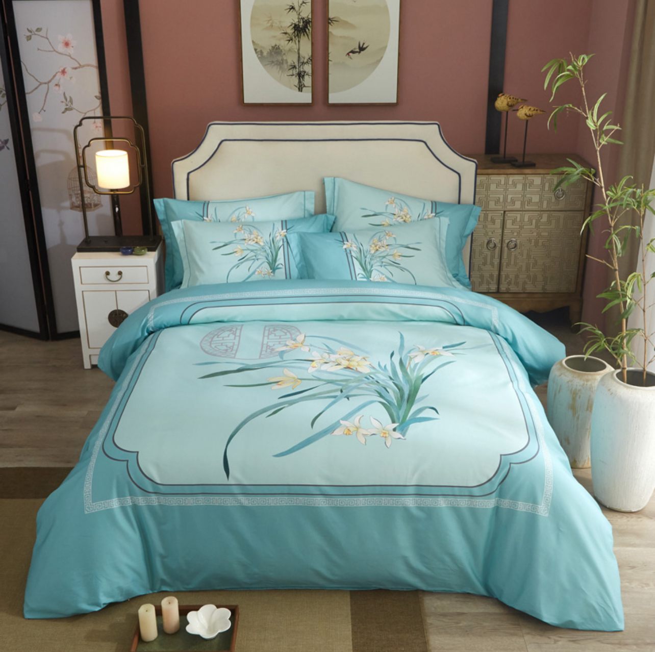 凌凌家纺新款纯棉加厚亲肤磨毛四件套春江小景床上用品被套床单