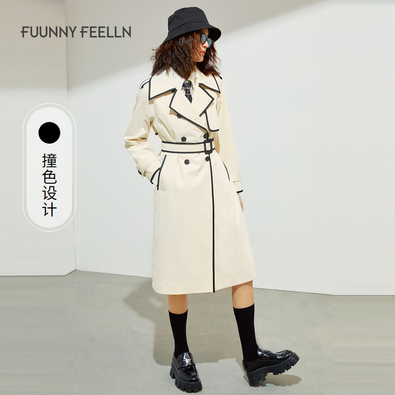 【商场同款新品】秋季新款风衣外套女中长款撞色收腰大衣FJ00234