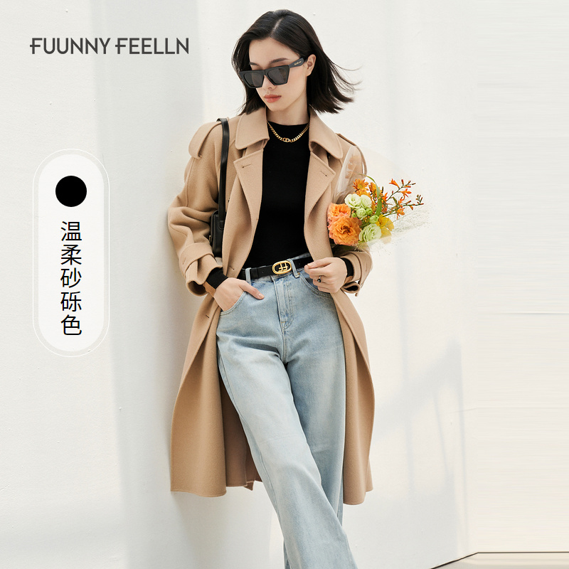 仿佛仿佛毛呢外套大衣女卡其色中长款双面呢时尚FL00265