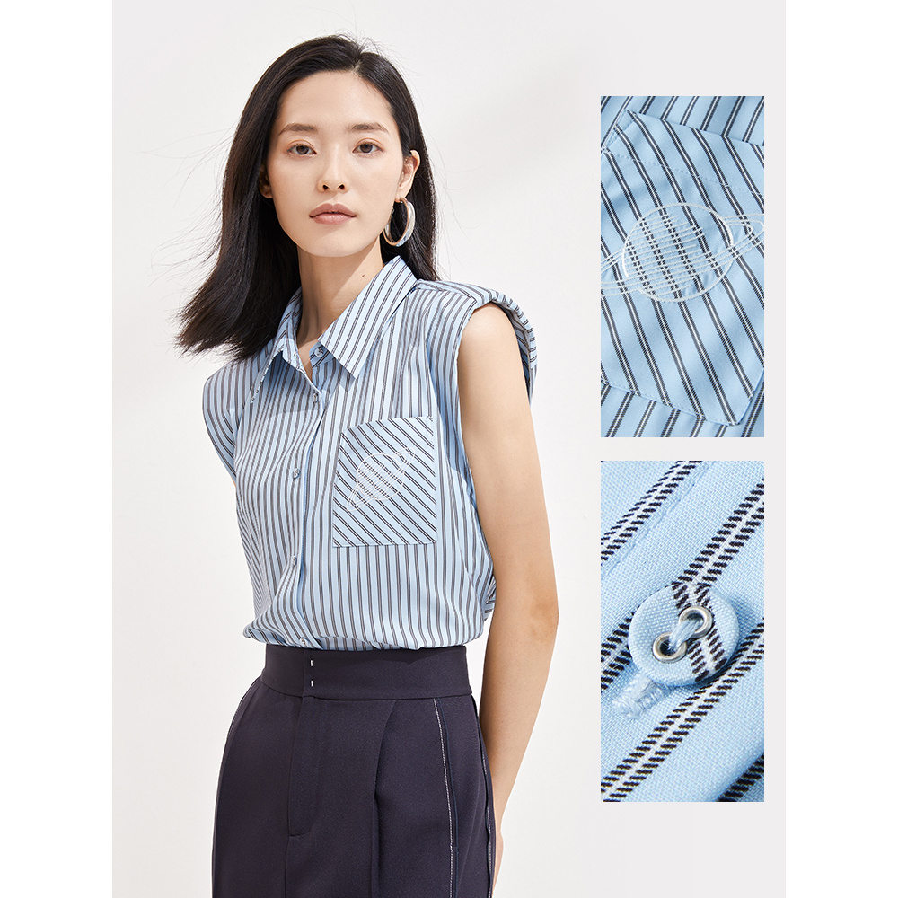 商场同款仿佛休闲气质无袖衬衫上衣时尚小众通勤条纹女FE00262