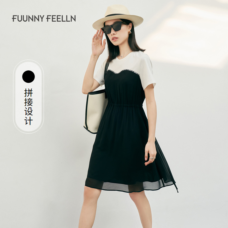 商场同款FF仿佛撞色连衣裙复古收腰设计感小众气质时尚FF00878