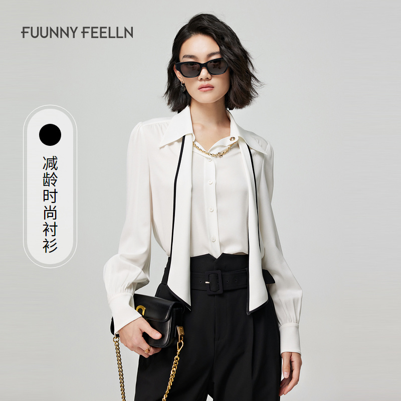 FF仿佛2024年秋季新款白色衬衫女法式飘带上衣长袖休闲FE00905