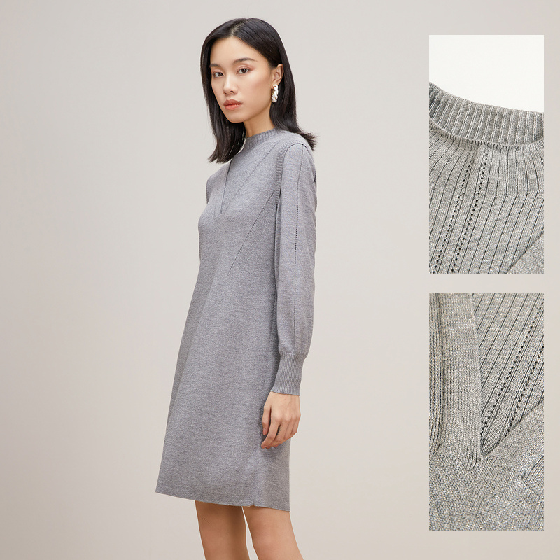 商场同款FF||仿佛新款休闲气质灰色长袖针织连衣裙女FF00739