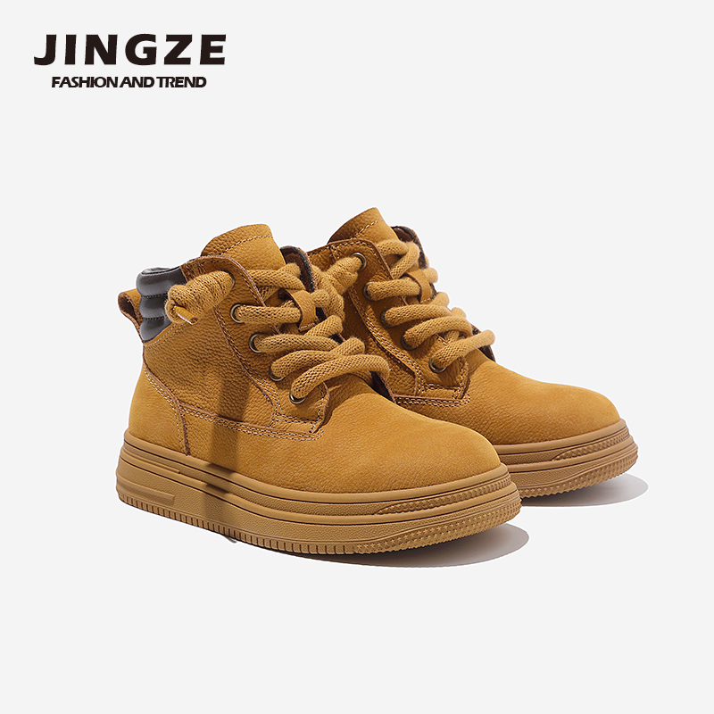 静泽儿童大黄靴真皮牛皮女童加绒高帮短靴秋冬季男童户外鞋亲子款