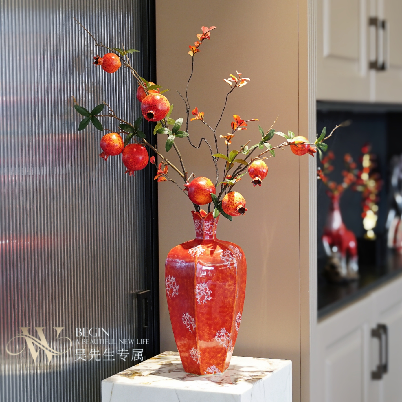 新年装饰仿真花石榴果装饰陶瓷花瓶摆件客厅玄关假花枝如意花束
