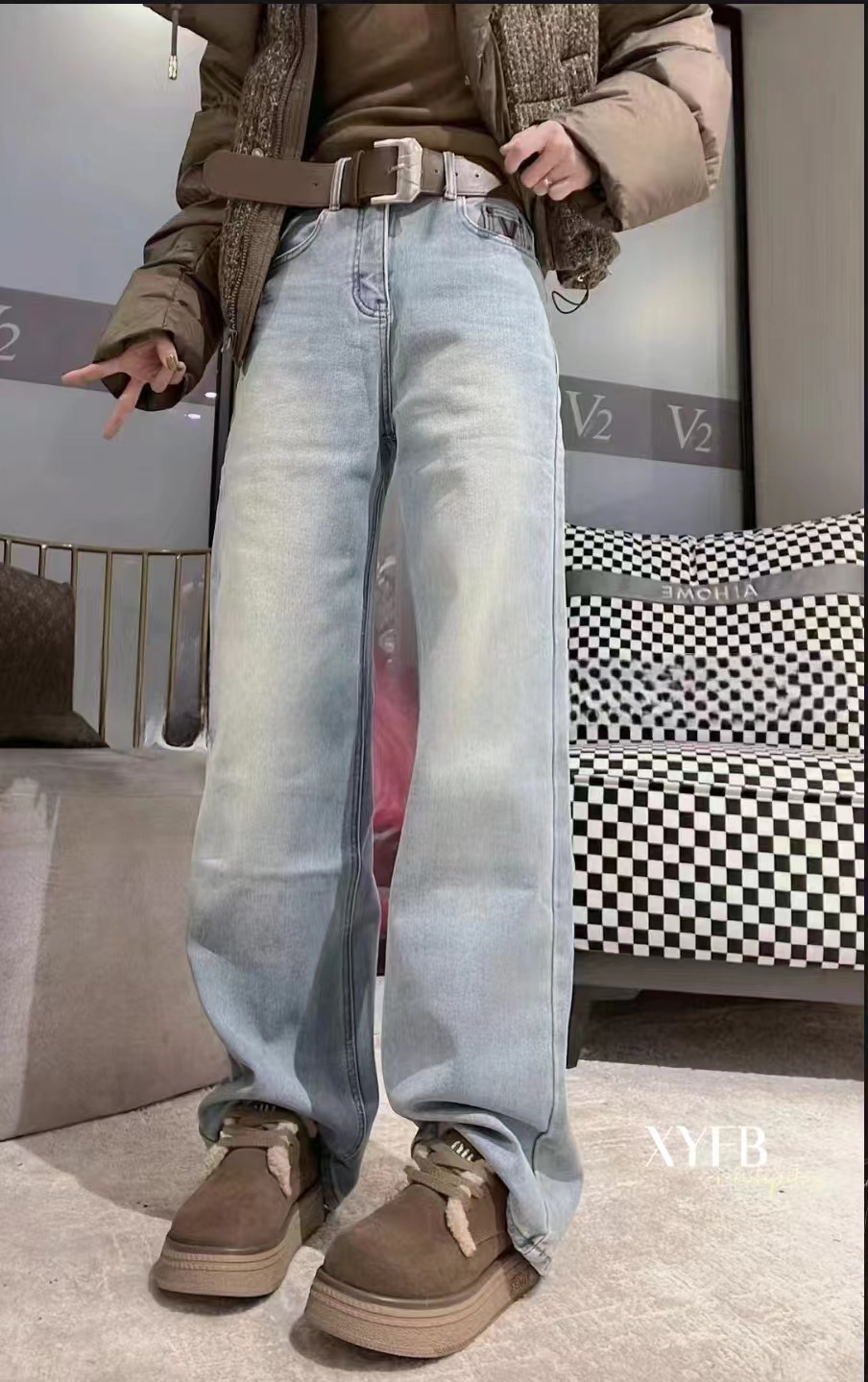 秋冬新款加绒牛仔裤显瘦直筒裤拖地长裤