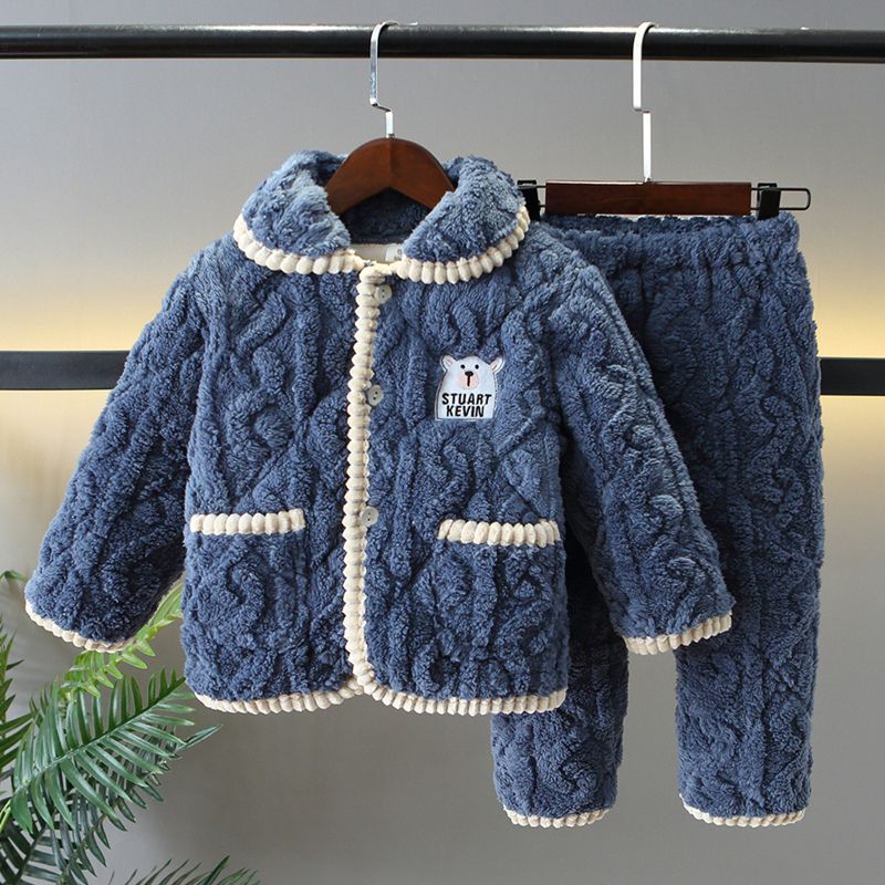 特厚加绒睡衣儿童冬季三层加厚夹棉法兰绒宝宝男童珊瑚绒家居服新