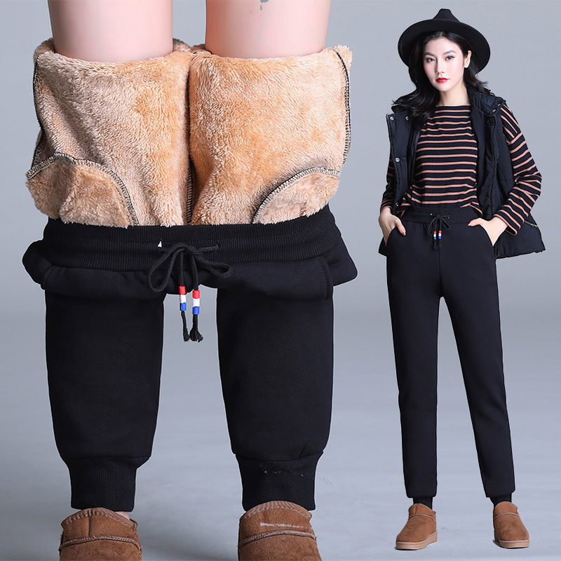 仿羊羔绒裤子女外穿冬季大码宽松束脚卫裤加绒运动裤女加厚保暖裤