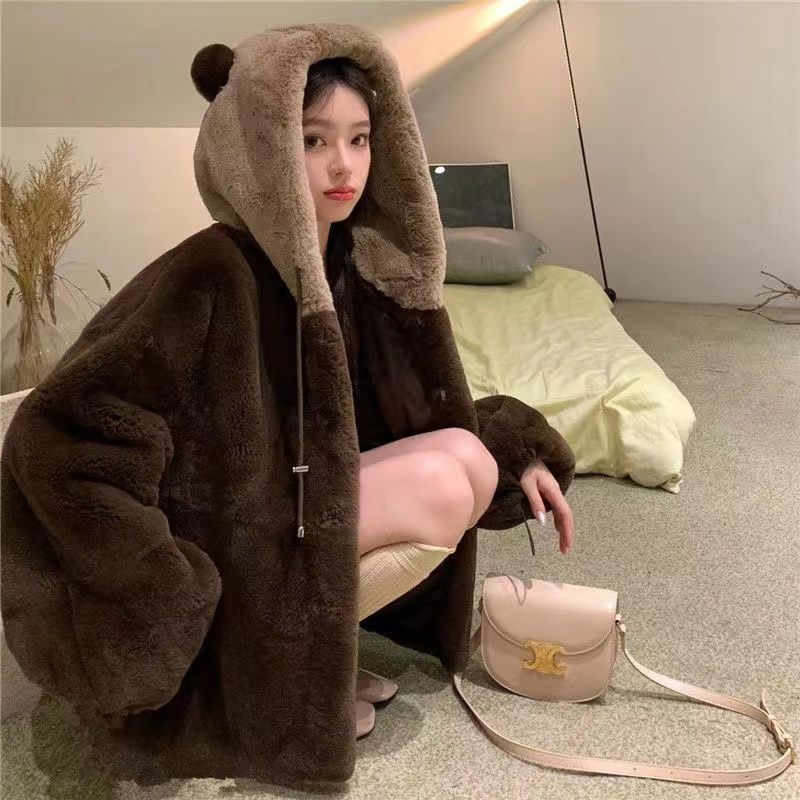 可爱熊熊兔仿獭兔毛绒毛毛外套2023新款秋冬连帽加厚毛毛大衣女潮